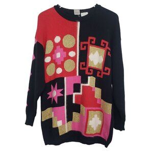 Vintage Qui Abstract Sweater Pink Gold Metallic Artsy Popover Womens Size XL